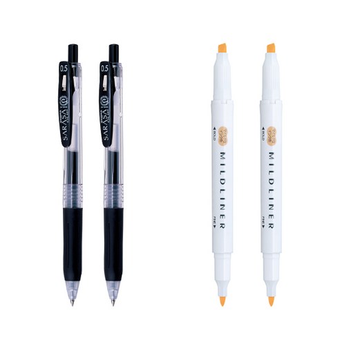 제브라 마일드라이너 마카 2p + 사라사 클립 볼펜 0.5mm 2p 세트, 오렌지(마일드라이너), 검정(볼펜), 1세트