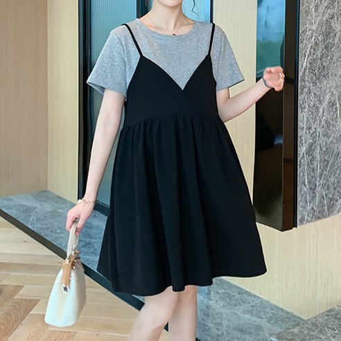 딥톡 임부복 레이어드 반팔 드레스 임신복 원피스 DT0714