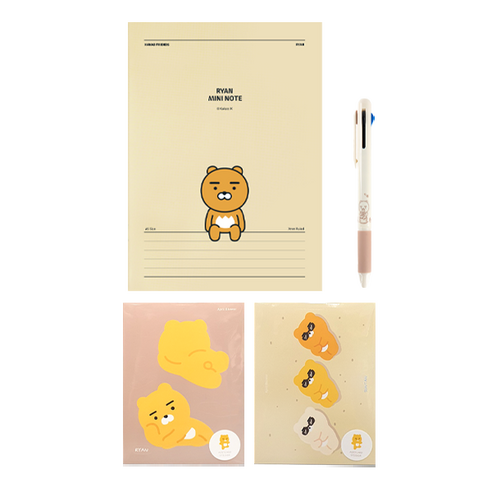 카카오프렌즈 A5 중철노트 + 데일리 4in1 샤프컬러펜 + 에이프릴 엽서 스티커 2p 세트, 라이언(노트), 라이언(펜), 랜덤발송(스티커), 1세트