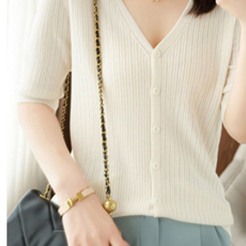 솔레일 여성용 솔리드 V넥 골지 반팔 니트 가디건