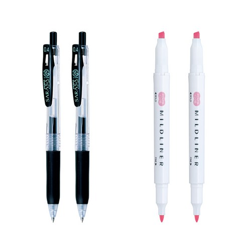 제브라 마일드라이너 마카 2p + 사라사 클립 볼펜 0.4mm 2p 세트, 핑크(마일드라이너), 검정(볼펜), 1세트