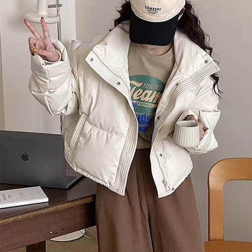 앤드스타일 여성용 스론 페이크 레더 하이넥 크롭 숏 패딩 점퍼 263802