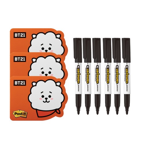 쓰리엠 포스트잇 점착용 모양 노트 654-BT21 3p + 네임펜 F 6p 세트, RJ(노트), 블랙(네임펜), 1세트