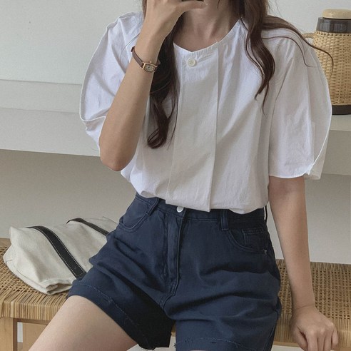여성용 라그미 노카라 핀턱 코튼 블라우스