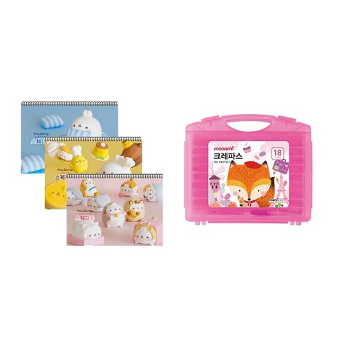 몰랑이 두툼 미술용 스케치북 170g x 3p + 모나미 모니주 가방파스 18색 문구세트, 랜덤발송(스케치북), 여(크레파스), 1세트