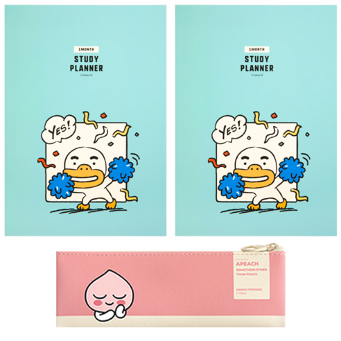 카카오프렌즈 모던스타일미니 플랫 펜슬케이스 + 치얼업 한 달 스터디 플래너 2p, 핑크(펜슬케이스), 튜브(플래너), 1세트