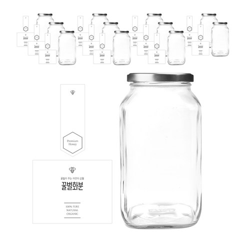 사각유자 꿀병 1500g + 실버캡 + 심플꿀벌화분L 스티커 + 봉인스티커 세트, 12세트