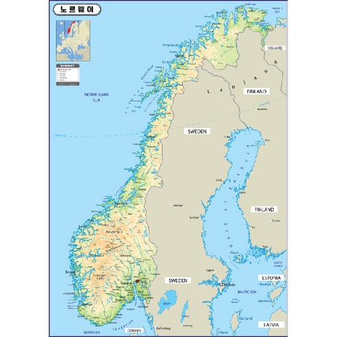 지도닷컴 지형 코팅형 노르웨이지도 110 x 150 cm, 1개
