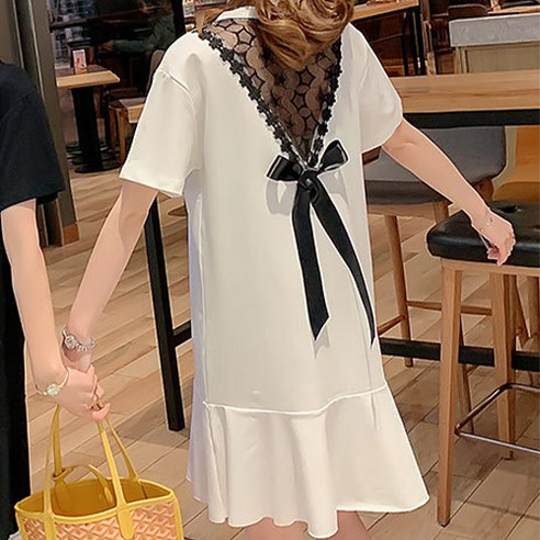 튤립 플레어 레이스 스타픽 리본 임산부 반소매 원피스