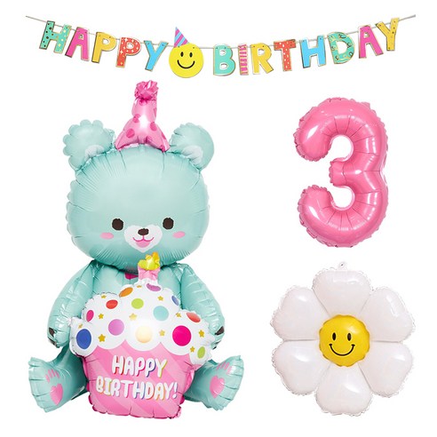 조이파티 스마일 생일가랜드 + 숫자 은박풍선 소 핑크 3 + 데이지 은박풍선 소 + 스탠딩에어벌룬 생일곰 은박풍선 민트 세트, 혼합색상, 1세트