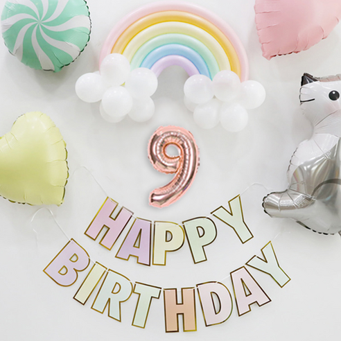 e베이비랜드 무지개 생일 숫자풍선 소 + 생일가랜드 세트, 파스텔(무지개 풍선), 로즈골드(숫자풍선9)