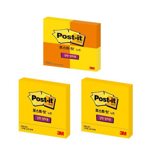 쓰리엠 포스트잇 강한점착용 노트 622-4 2종 x 2p + 강한점착용 노트 654 2p 세트, 622-4(그리움 노랑, 오렌지), 654(그리움 노랑), 1세트
