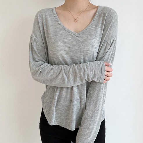 이지스튜디오 여성용 시스루 루즈핏 브이라인 무지 긴팔 티셔츠