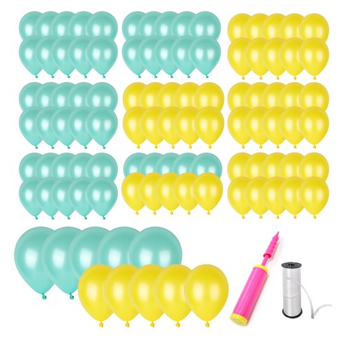 파티쇼 헬륨효과 네오 펄풍선 30cm 2종 x 50p + 손펌프 + 컬링리본 화이트 소 세트, 옐로우, 민트그린, 1세트