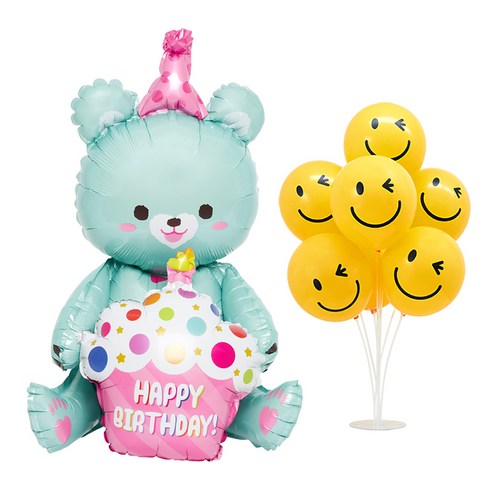조이파티 스탠딩에어벌룬 생일곰 57cm + 윙크스마일 고무풍선 8p + 풍선디스플레이스탠드 세트, 민트(생일곰), 1세트