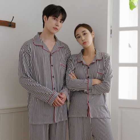 에이원 커플용 피치기모 심플 라인 카라 긴팔 잠옷 상하의 세트