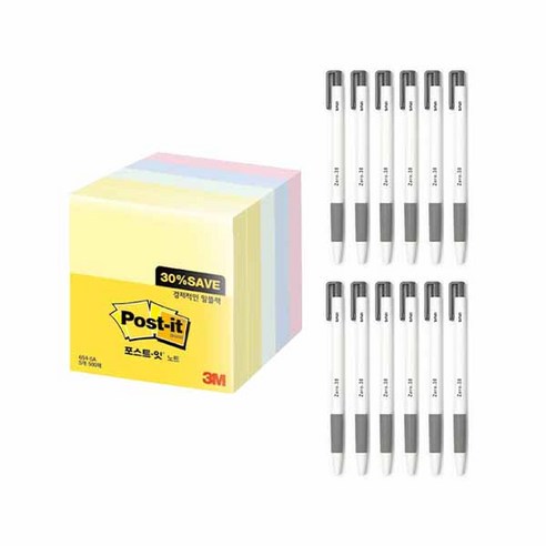신지 제로볼 유성볼펜 0.38mm 12p + 알뜰 포스트잇 654-5A 세트, 블랙(볼펜), 1세트