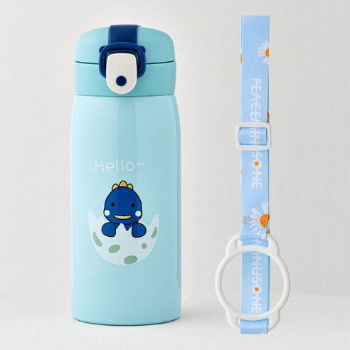 코코메이트 보온 보냉 공룡 텀블러 350ml + 스트랩 세트, 블루(텀블러), 랜덤발송(스트랩), 1세트