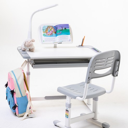 루나랩키즈 아동용 높이 및 각도 조절 가능한 꾸러기 책상 + 의자 세트, 그레이 유아가구