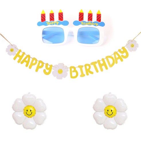 JOYPARTY 데이지생일가랜드 + 풍선 소형 2p + 생일촛불 안경 세트, 화이트(안경), 1세트