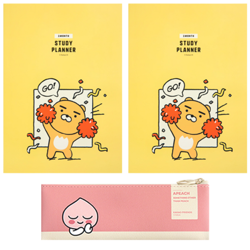 카카오프렌즈 모던스타일미니 플랫 펜슬케이스 + 치얼업 한 달 스터디 플래너 2p, 핑크(펜슬케이스), 라이언(플래너), 1세트