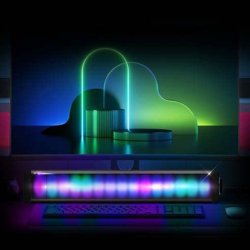 로이체의 2채널 멀티미디어 레인보우 RGB LED 터치방식 게이밍 사운드바로 컴퓨터와 게이밍 설정의 사운드를 향상시키세요.