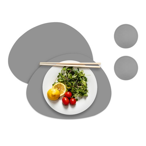 엘로니 조약돌 미니 실리콘 식탁 테이블 매트 2p + 컵받침 2p 세트, 라이트그레이, 테이블 매트(350mm x 271mm x 두께 1.5 mm), 컵받침(100 x 100 x 2 mm), 1세트