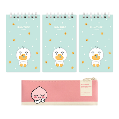 카카오프렌즈 모던스타일미니 플랫 펜슬케이스 + 상철 스프링수첩 3p, 핑크(펜슬케이스), 리틀튜브(수첩), 1세트