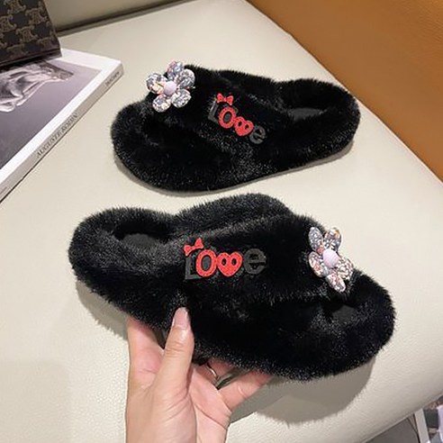 여성용 레터링 앤 플라워 따뜻한 퍼 실내 슬리퍼