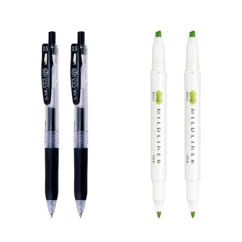 제브라 마일드라이너 마카 2p + 사라사 클립 볼펜 0.5mm 2p 세트, 시트러스그린(마일드라이너), 검정(볼펜), 1세트