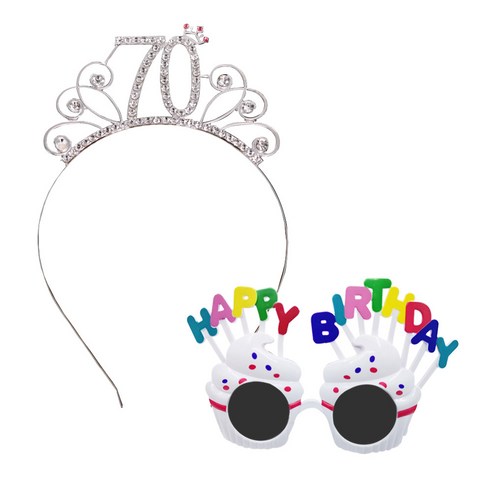 리빙다 고급 큐빅 생일 숫자머리띠 70 + 생일 머핀 안경, 실버(머리때), 화이트(안경), 1세트