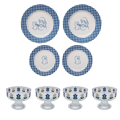 1537 체크라인 플랫 접시 2종 + 글라스볼 세트, 1세트, 깅엄체크 Small 2p + 깅엄체크 Large 2p + 글라스볼 쁘띠플라워 4p