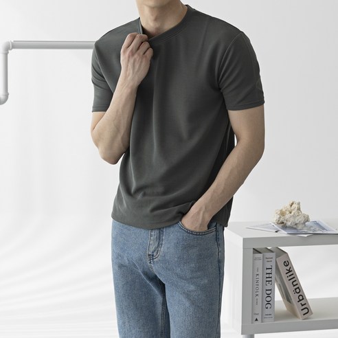 스타일에스 남성용 어깨넓어보이는 머슬핏 코듀로이 라운드넥 골지 반팔 티셔츠