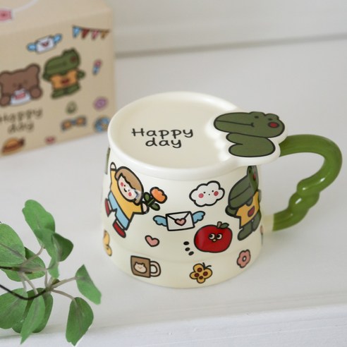 제이블룸 해피데이 애니멀 머그컵 400ml + 리드 컵뚜껑 + 선물포장 세트, 악어(머그컵), 1세트