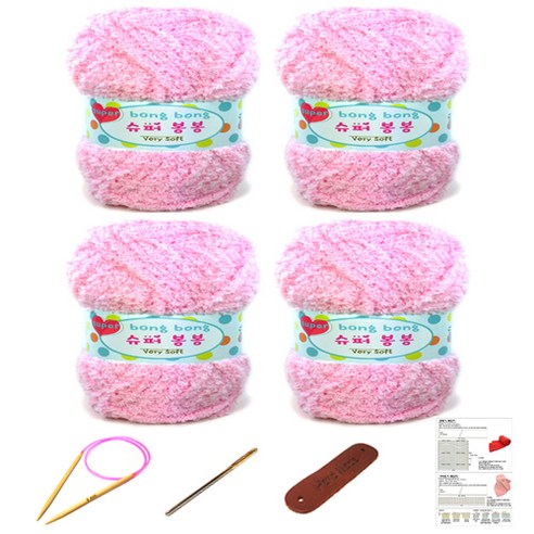 행복뜨기 슈퍼봉봉 뜨개실 4p + 줄바늘 4.5mm + 돗바늘 + 라벨 + 4종 목도리도안 세트, 1세트, 연분홍