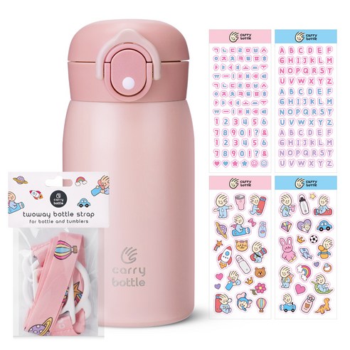 캐리보틀 베이직 텀블러 320ml + 나만의 DIY 스티커 4종 + 스트랩 세트, 핑크 + 핑크, 1세트