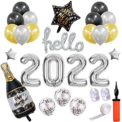 올리브파티 2022 신년파티 용품 풍선 + 손펌프 세트, 헬로우실버, 1세트
