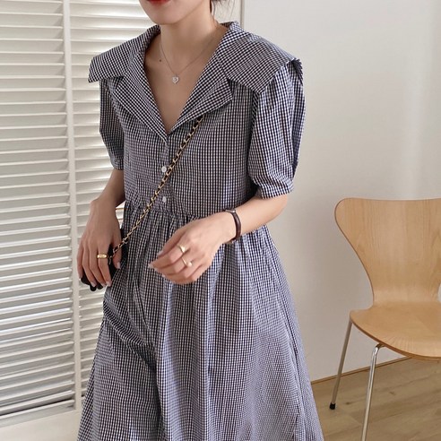 아이엠몽 여성용 세로이 깅엄체크 반팔 빅카라 롱 원피스