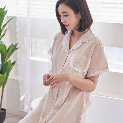 도씨 여성용 순면 올버튼 레이스 원피스 잠옷