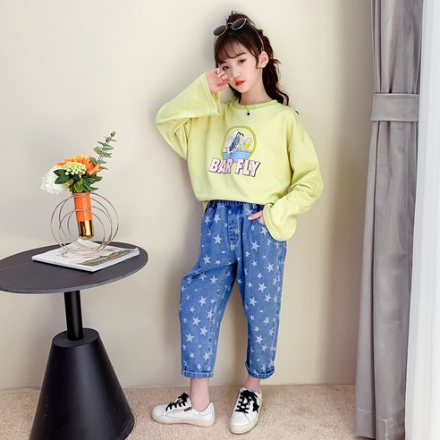 빠빠야네 여아용 레몬카툰티 + 별바지 데님 상하 세트