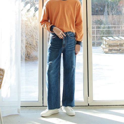 플레이즈 남성용 잘빠진 워싱 데미지 와이드 청바지