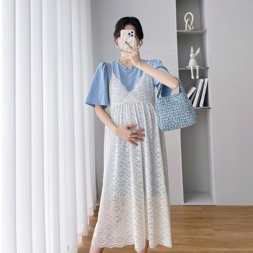 마켓A 레이스 반팔 나시 임산부 원피스 세트
