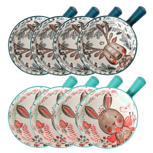 윌리브 동물캐릭터 도자기 손잡이 볼 2종 세트, 민트, 네이비, 4세트