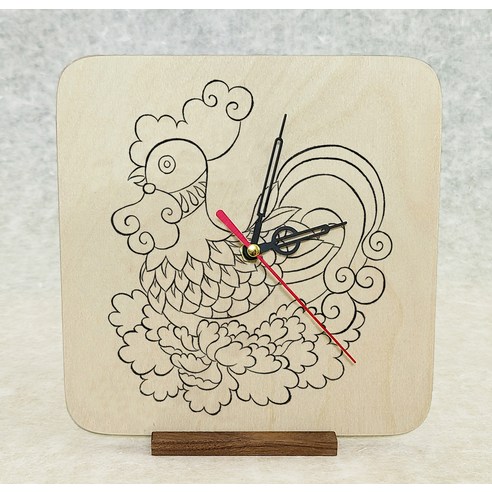 문화가게 우리민화 그림 자작나무 탁상시계 + 월넛 원목 받침대, 모란닭