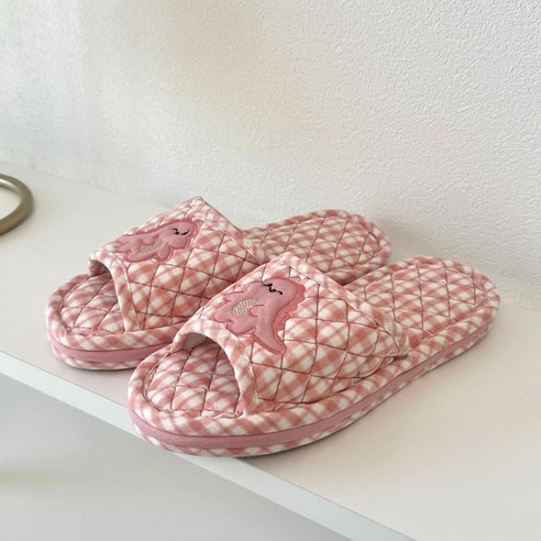 제이드슈 여성용 소음 미끄럼 방지 3중 쿠션 면 슬리퍼 공룡, 1개, 핑크