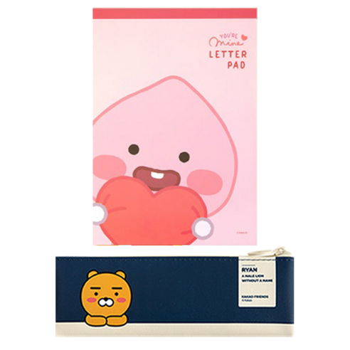 카카오프렌즈 미니 플랫 펜슬케이스 + 패드 편지지, 라이언(펜슬케이스), 리틀어피치(패드편지지), 1세트