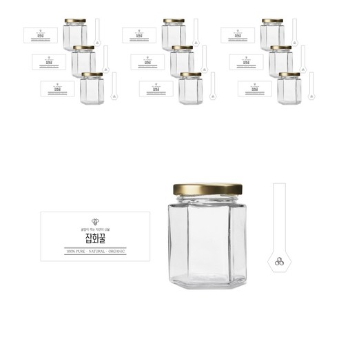 육각 꿀병 160ml + 러그캡 골드 + 병스티커 심플 잡화꿀S + 봉인스티커 세트, 10세트