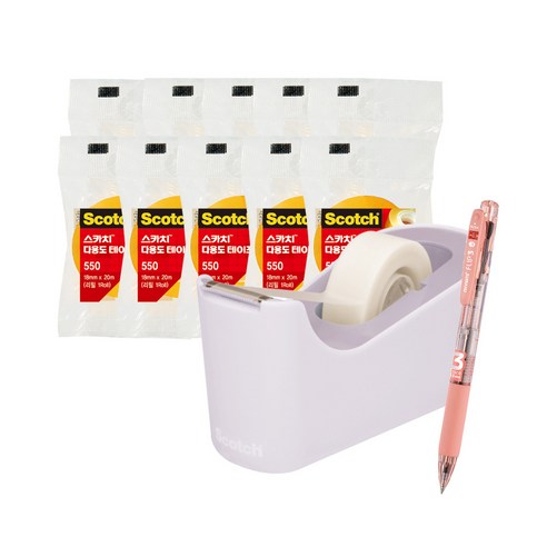 쓰리엠 스카치 탁상용 테이프 디스펜서 C18 + 다용도 테이프 리필 550 12mm x 20m 5p + 18mm x 20m 5p + 모나미 플립 3색 볼펜 0.5mm 세트, 라벤더(디스펜서), Papaya(볼펜), 1세트