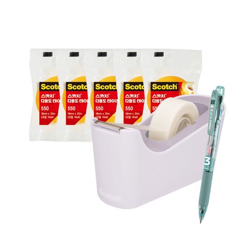 쓰리엠 스카치 탁상용 테이프 디스펜서 C18 + 다용도 테이프 리필 550 18mm x 20m 5p + 모나미 플립 3색 볼펜 0.5mm 세트, 라벤더(디스펜서), Sage Green(볼펜), 1세트