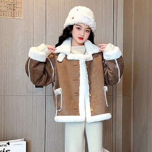오렌지다몸 여아용 4단추 넥 버클 숏 무스탕